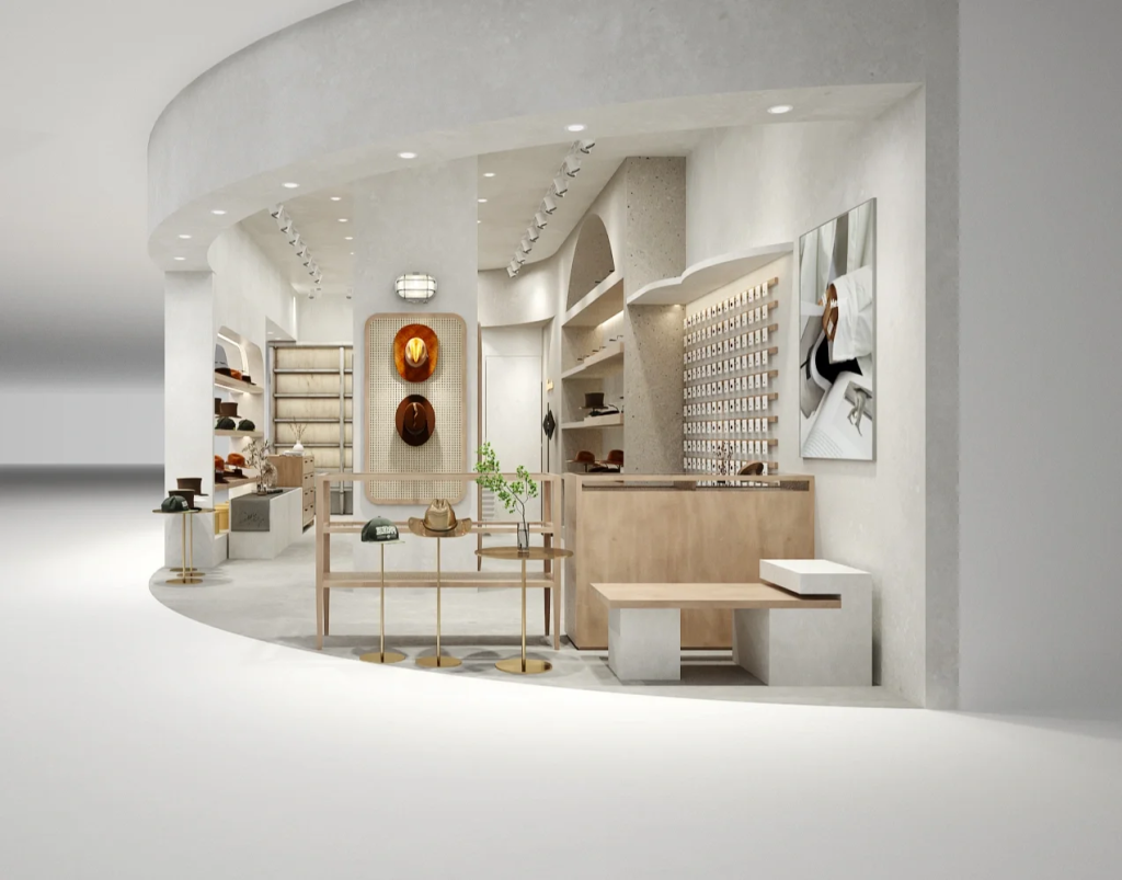 Stylish Hat Shop Interior Design Cap Display Cabinets and Layered ...