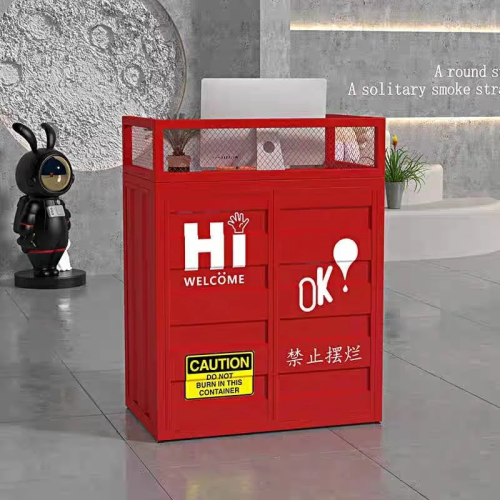 red reception desk