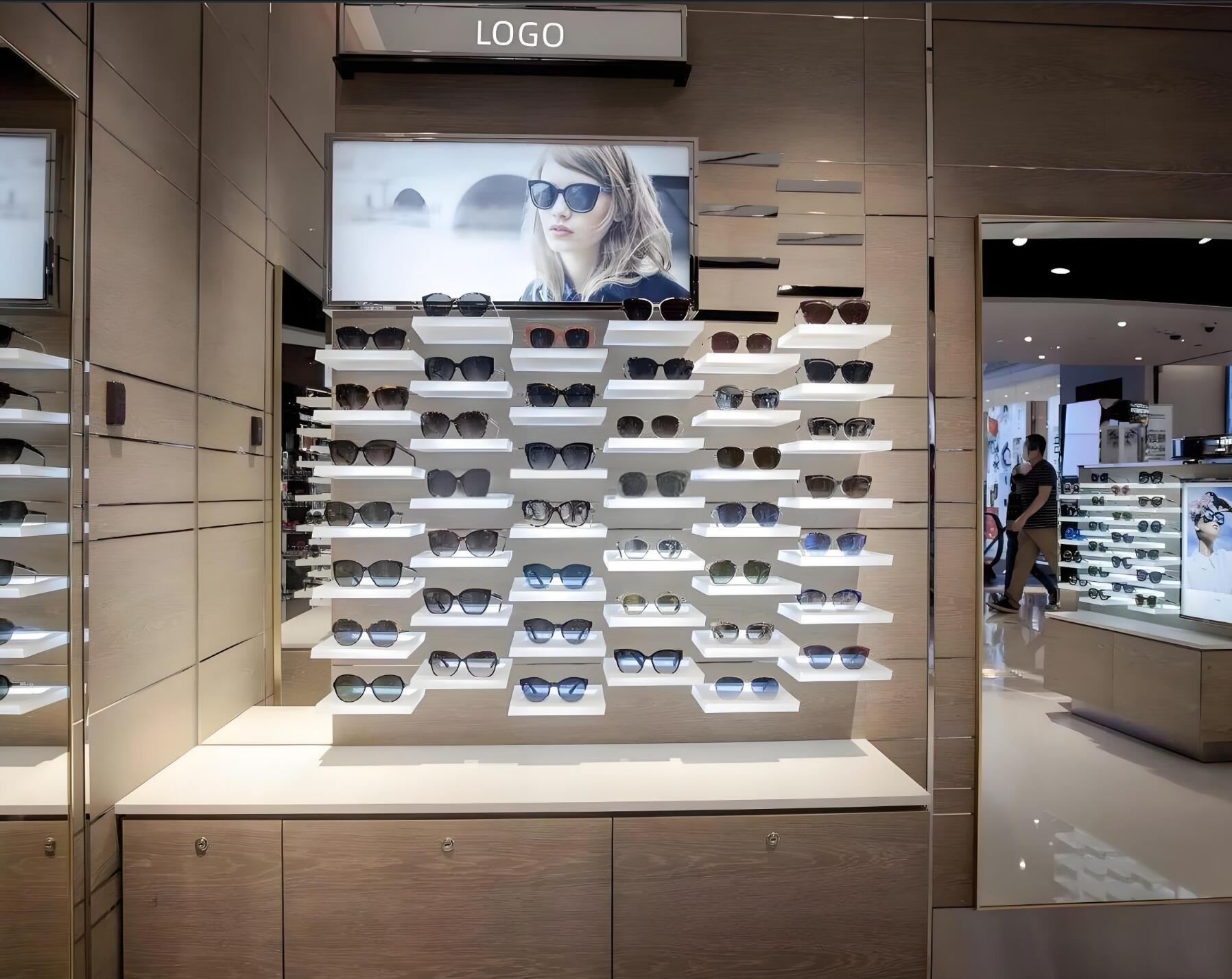 sunglasses store displays shelves