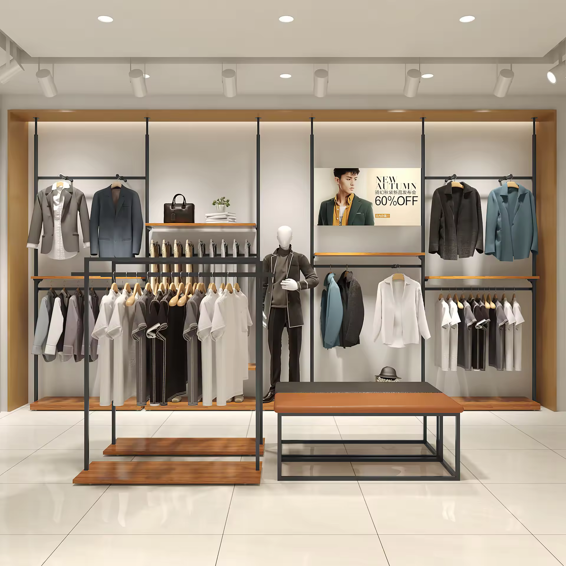 BEST-Trendy-Store-Furniture-Men-Clothing-Display-Rack-Custom-Shop-Interior-Design-Men-s-Adjustable-Wooden-Display-Shelf-for-Shop clothing store furniture