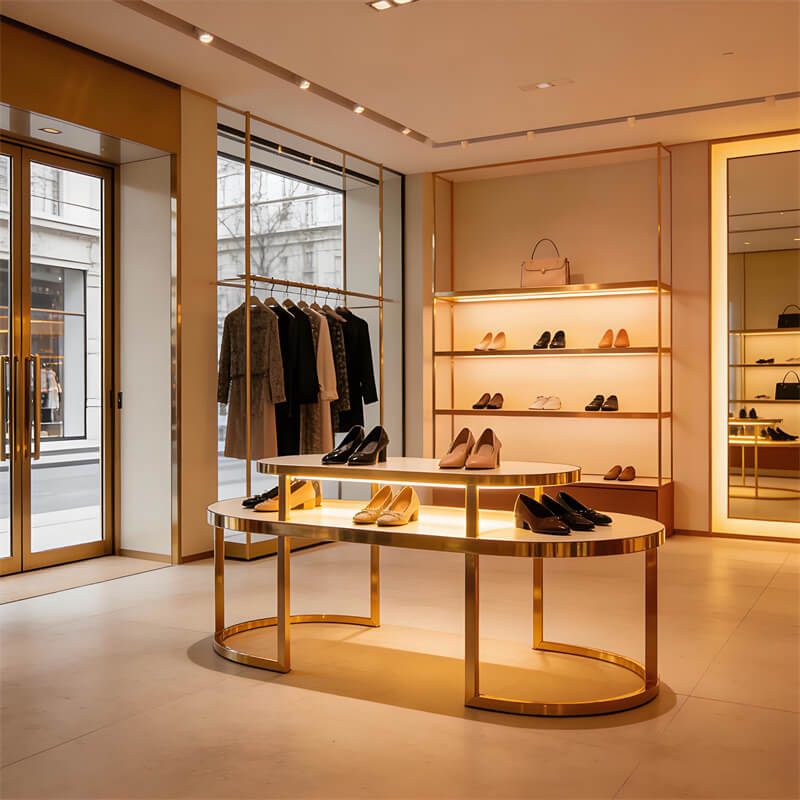 Spacious luxury shoe store interior with a gold-plated stainless steel double-layer shoe display table. Golden clothing racks line the walls. Warm LED lighting fills the space.