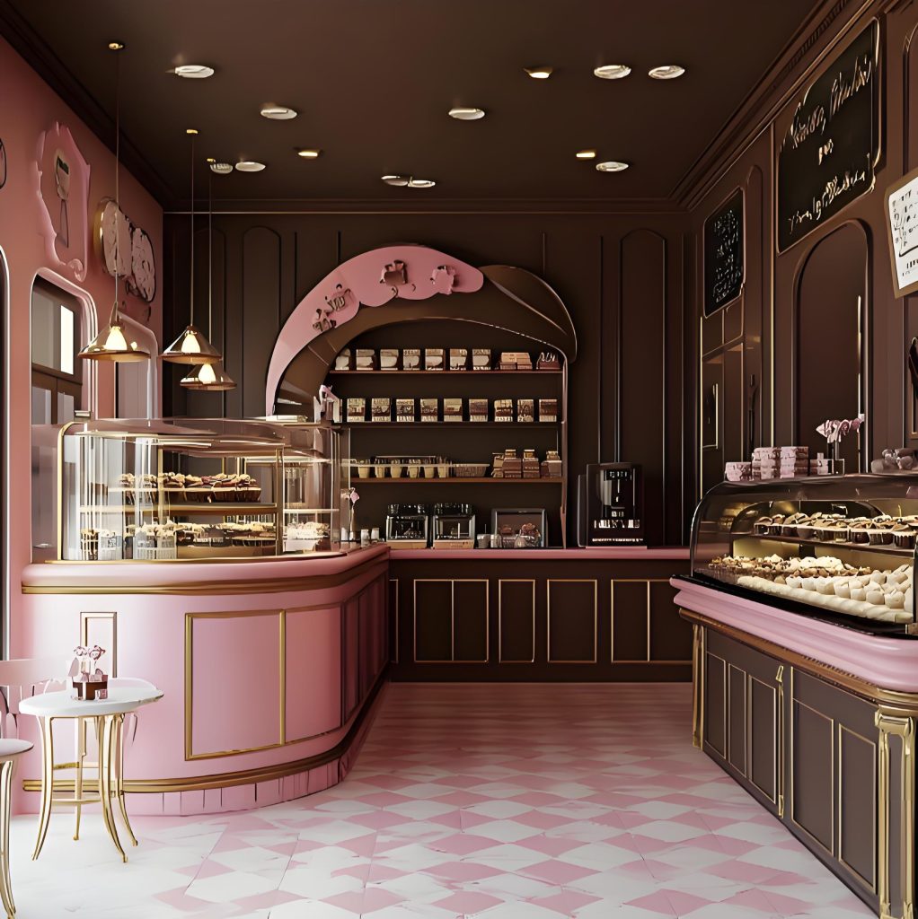 Pink and brown vintage candy store interior with display cases