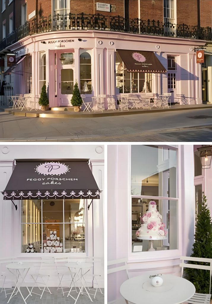Elegant pink cake shop storefront with decorative awning