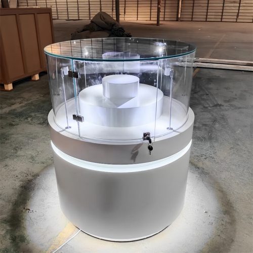White MDF painted round jewelry display cabinet, curved tempered glass lockable island jewelry display cabinet, LED light jewelry display cabinet for store center