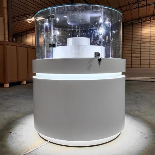White round jewelry display cabinet, jewelry display cabinet with ambient light base, lockable outward-swinging door jewelry display cabinet
