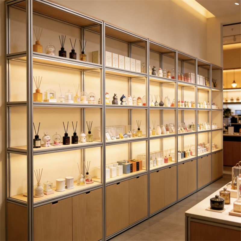 Front view of the fragrance wall cabinet. It holds fragrance bottles and gift boxes. The wood veneer and steel frame create a simple look.