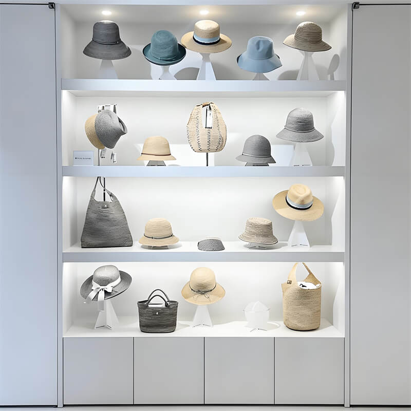 This front view shows the modern hat display wall cabinet in full. Its construction uses MDF with a clean white lacquer coat. Built-in LED lights add a bright touch. Clothing stores can use this setup to display hats and bags effectively.