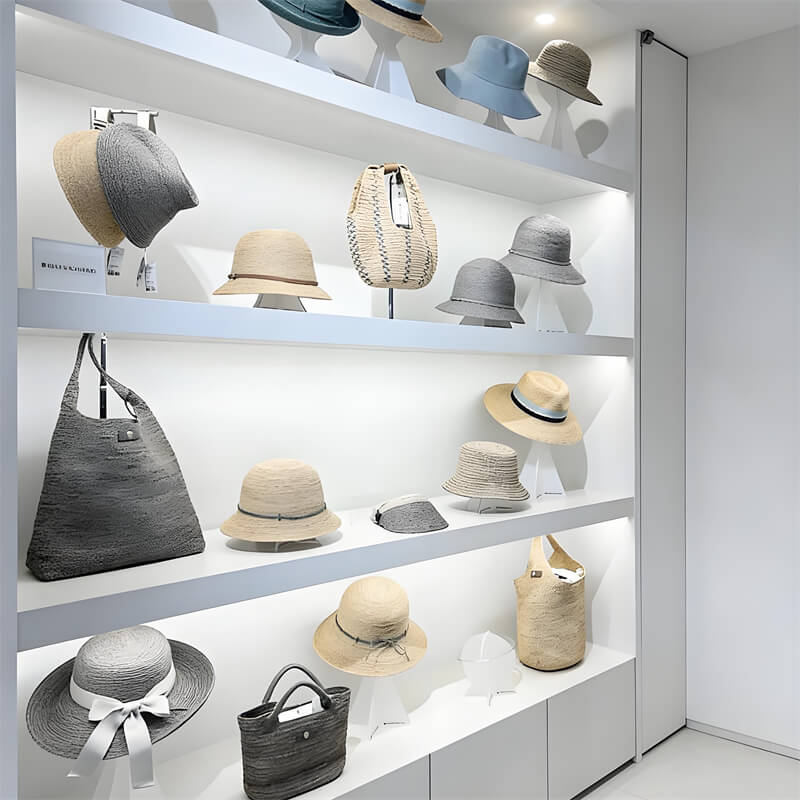 This side view gives a clear look at the hat display wall cabinet. The MDF white lacquer structure looks clean and sturdy. Built-in LED lights run along the multi-layer shelves. For this reason, it works well for hat and bag display in boutique accessory shops.