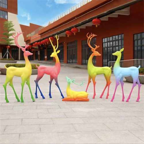 Gradient‑color fiberglass deer sculpture with multi‑posture combined shapes, internet‑famous landscape‑decor deer sculpture for outdoor squares