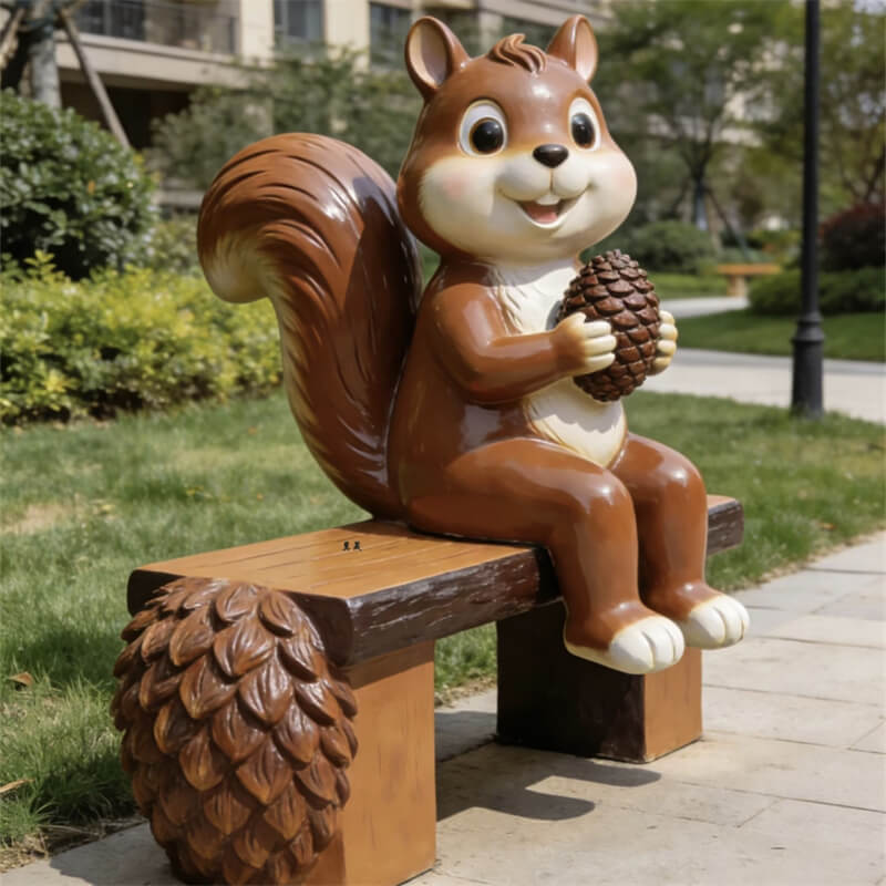 Squirrel-shaped fiberglass bench, cute animal bench with pinecone details, park garden background