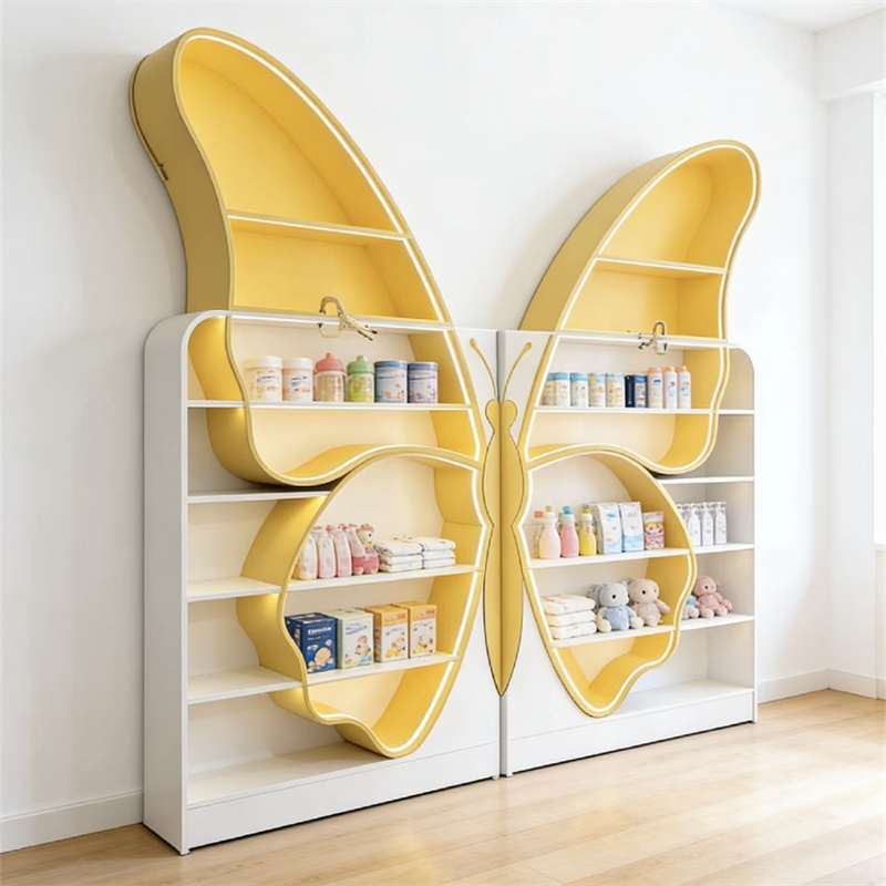 butterfly display stand used in a baby store, comes with built-in light strips, shows baby bottles, skincare products, and toys