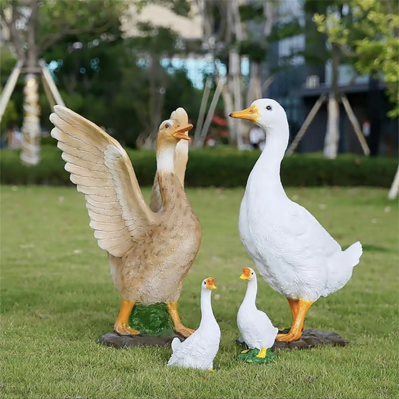 FRP realistic duck sculpture, white and brown mixed set for garden decor