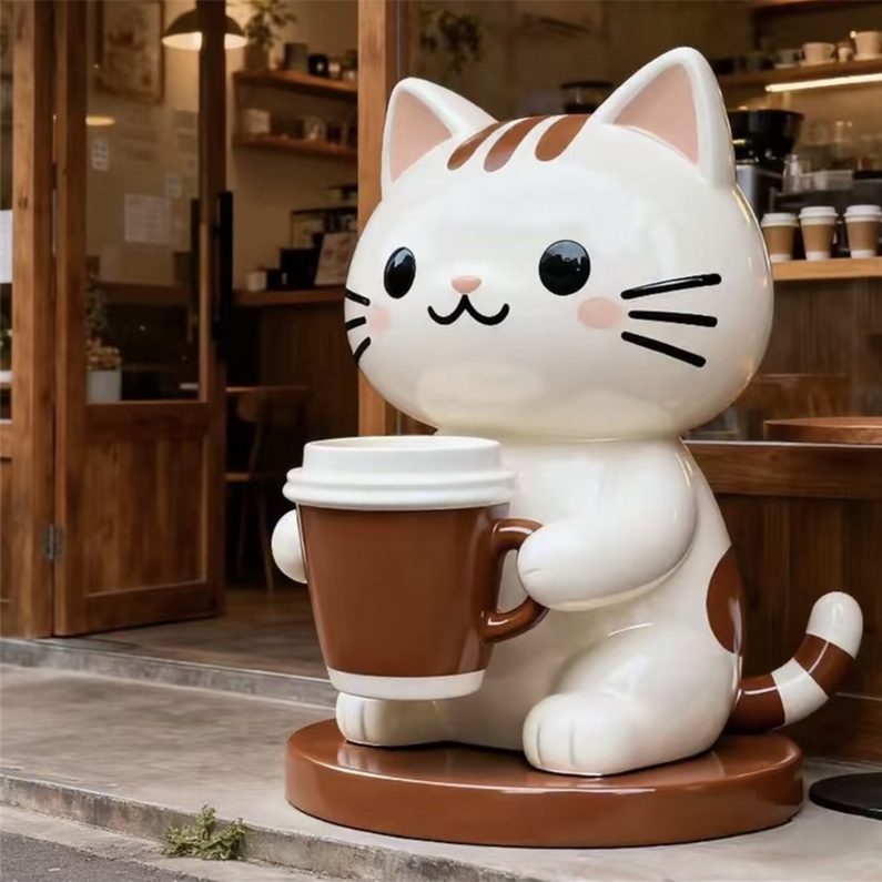 Sitting coffee cat fiberglass sculpture with a takeaway cup, storefront decor for coffee shops