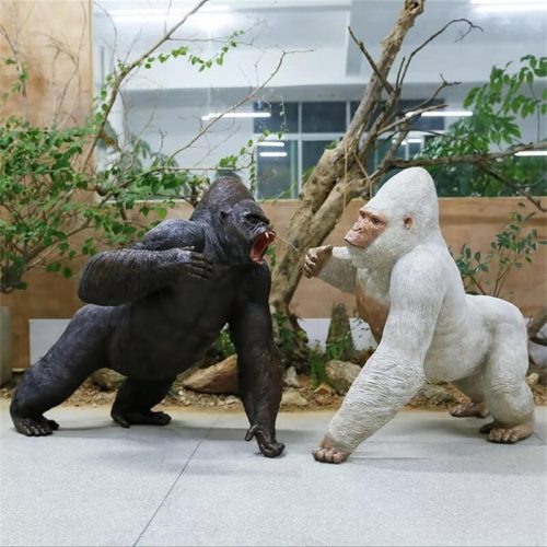Dual‑pose confronting fiberglass gorilla sculpture in black and white, ecological gorilla sculpture for indoor and outdoor scene decoration