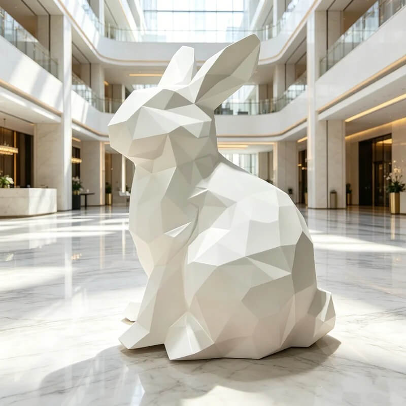 White geometric rabbit FRP sculpture hotel lobby large floor ornament