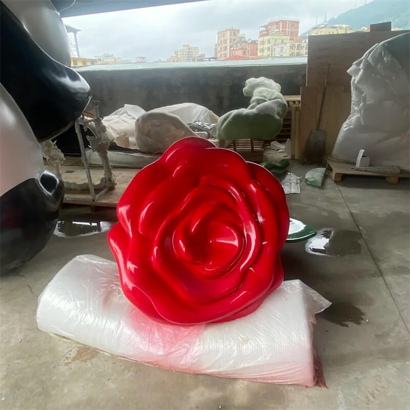 Close-up giant translucent red flower head Rose Sculpture, multi-layer 3D petal fiberglass semi-finished statue