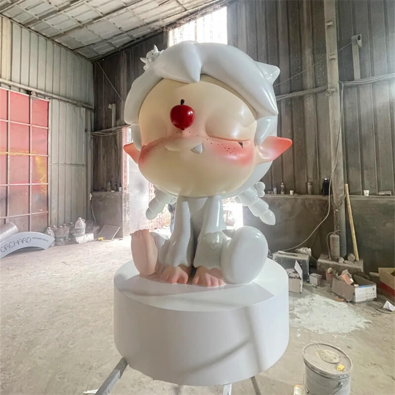 Factory finished Pop Mart IP fiberglass cartoon character sculpture sitting elf figure red apple nose white round display base mall retail store decor