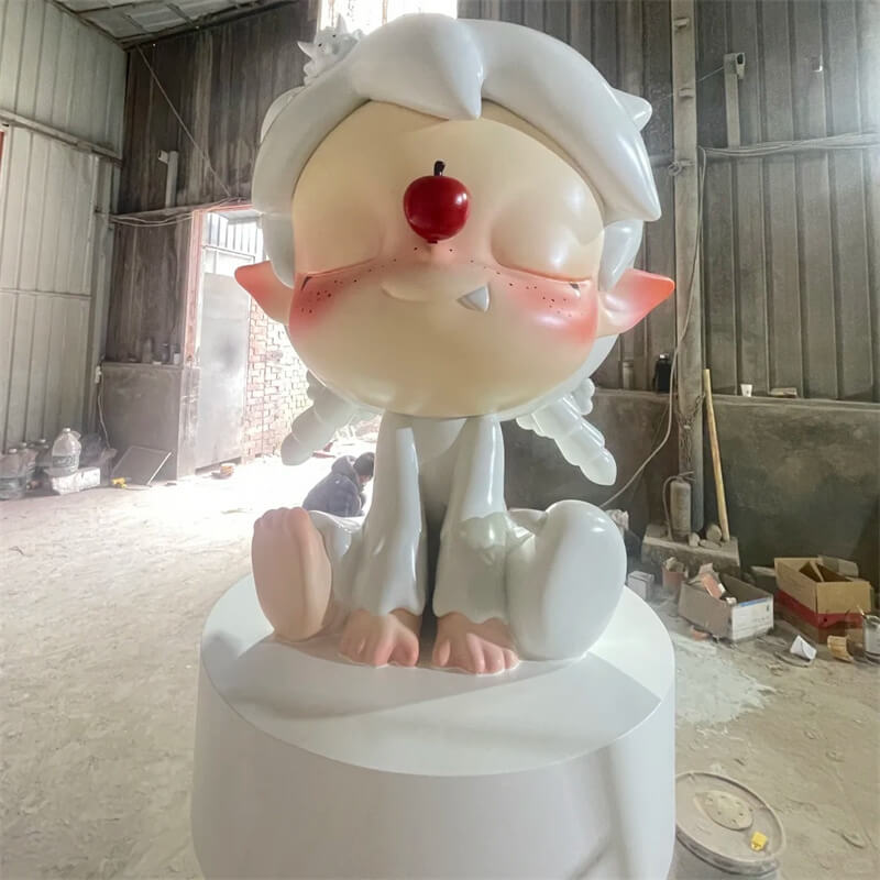 Front close-up Pop Mart cartoon character fiberglass sculpture blushing cheek red apple nose glossy white paint commercial display ornament