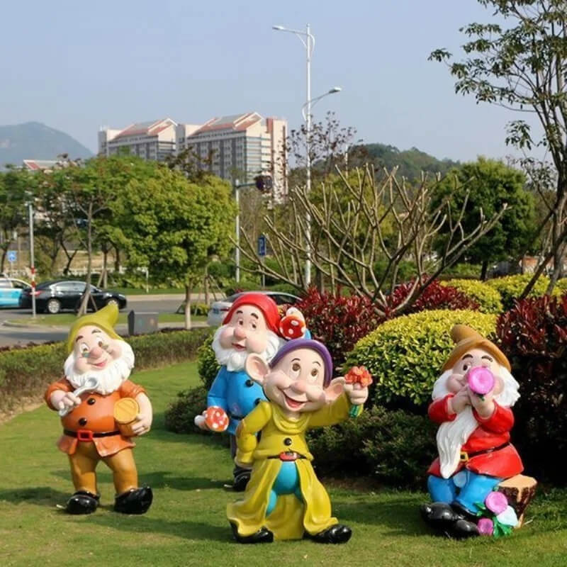 Three single dwarf Snow White Sculpture with flower and mushroom props, outdoor garden cartoon fiberglass statues