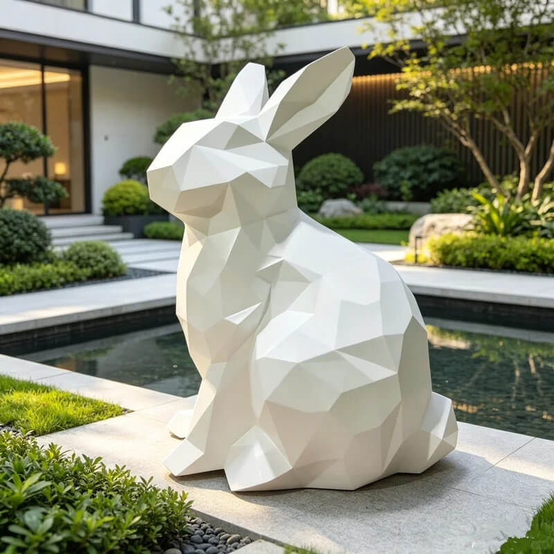 Outdoor garden white geometric rabbit FRP sculpture landscape decor