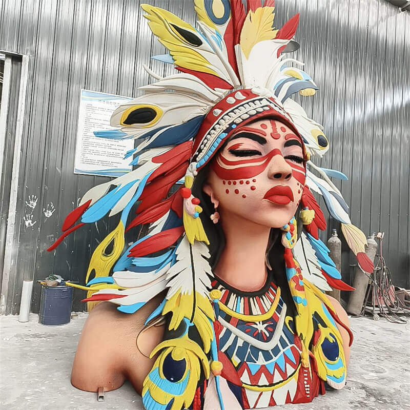 Indian female bust fiberglass figurine front close-up. Face paint and feather headdress details stand out well.