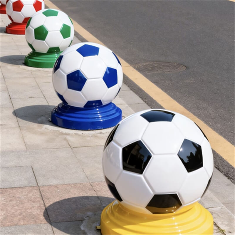 Close-up of FRP soccer ball traffic barrier with multi-color options outdoor landscape bollard