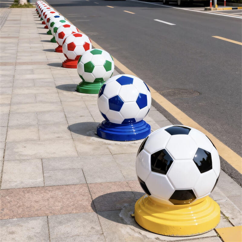 FRP soccer ball traffic barrier with colorful bases World Cup themed outdoor bollard