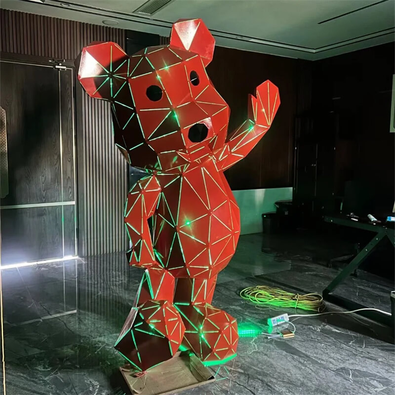 Night light up geometric bear sculpture with green LED light line