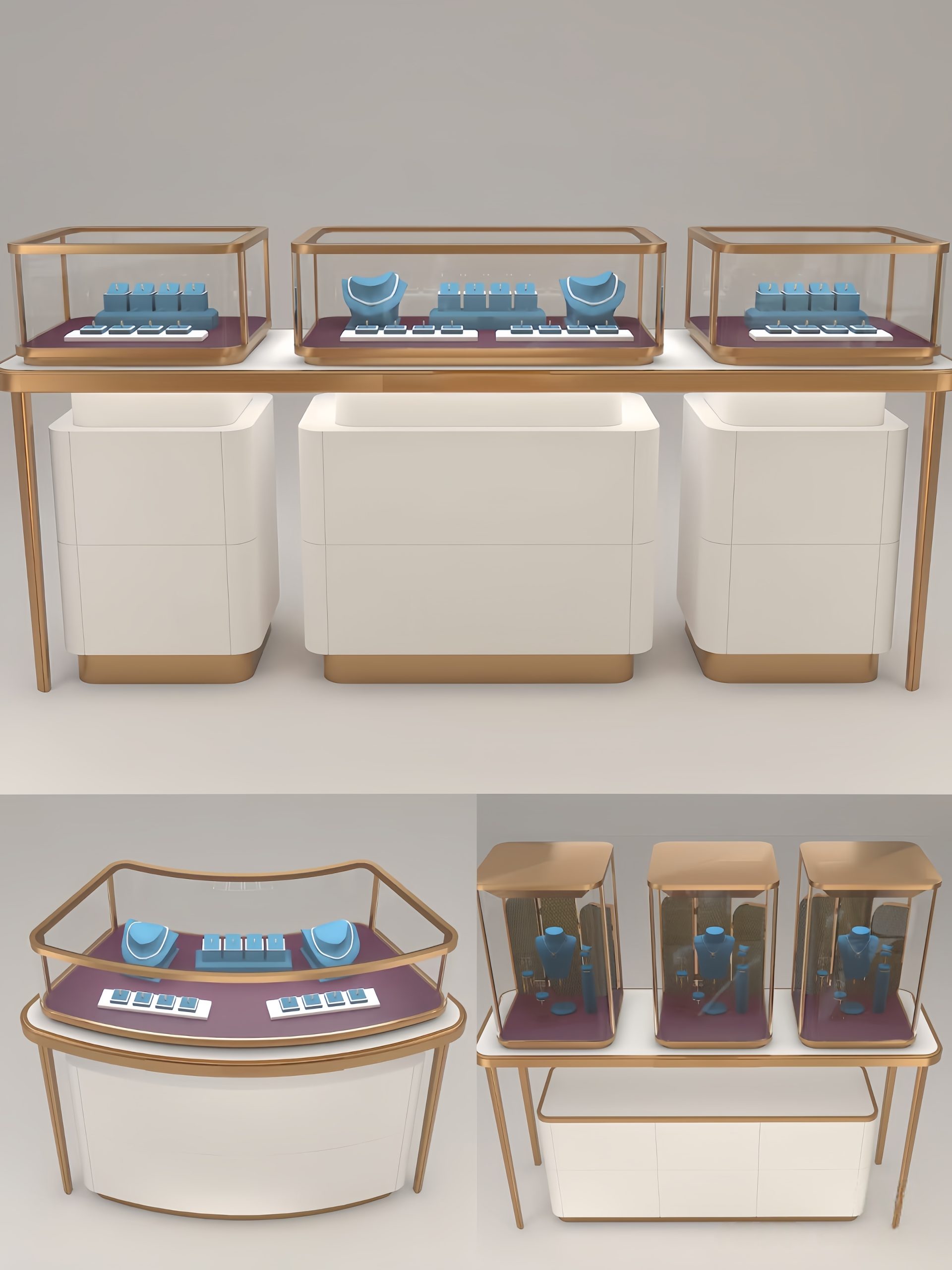 Modular jewelry display with glass canopies and hidden white base storage for boutiques.