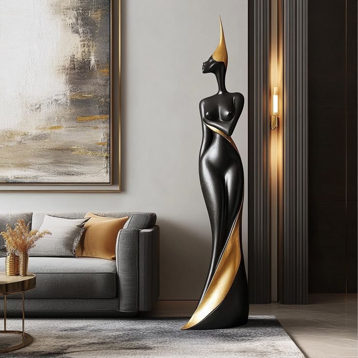 Black Gold FRP Abstract Lady Sculpture for Villa Living Room Hotel Lobby Decor - Image 3