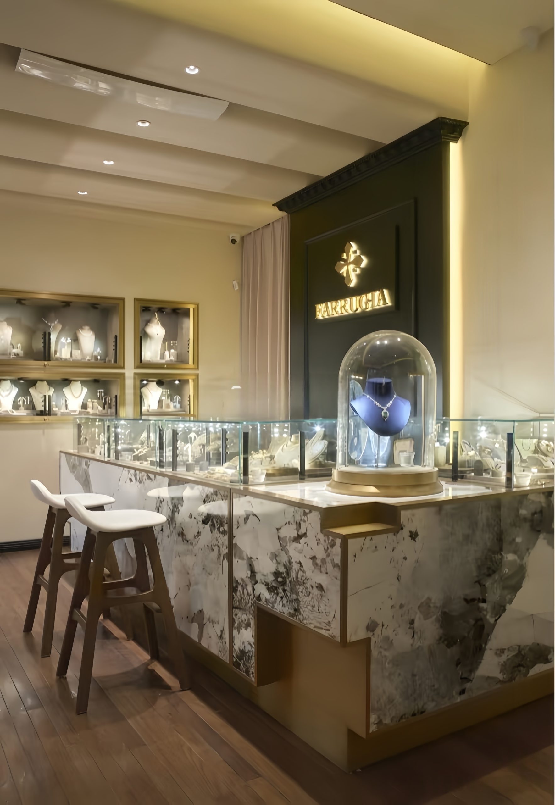 Luxury marble pattern glass jewelry display counter for high‑end jewellery store interior
