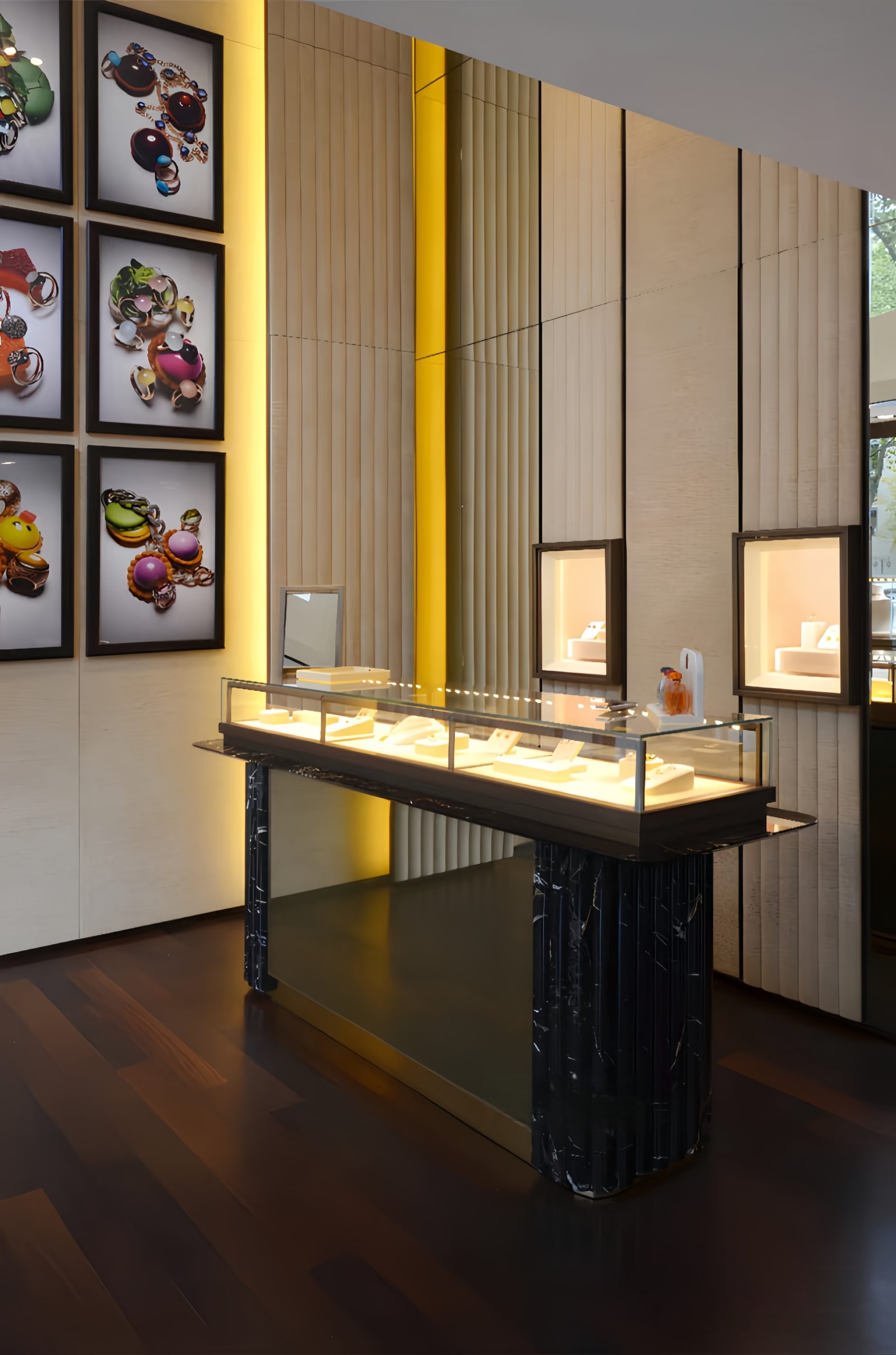 Modern black marble jewelry display counter glass showcase for jewellery boutique interior