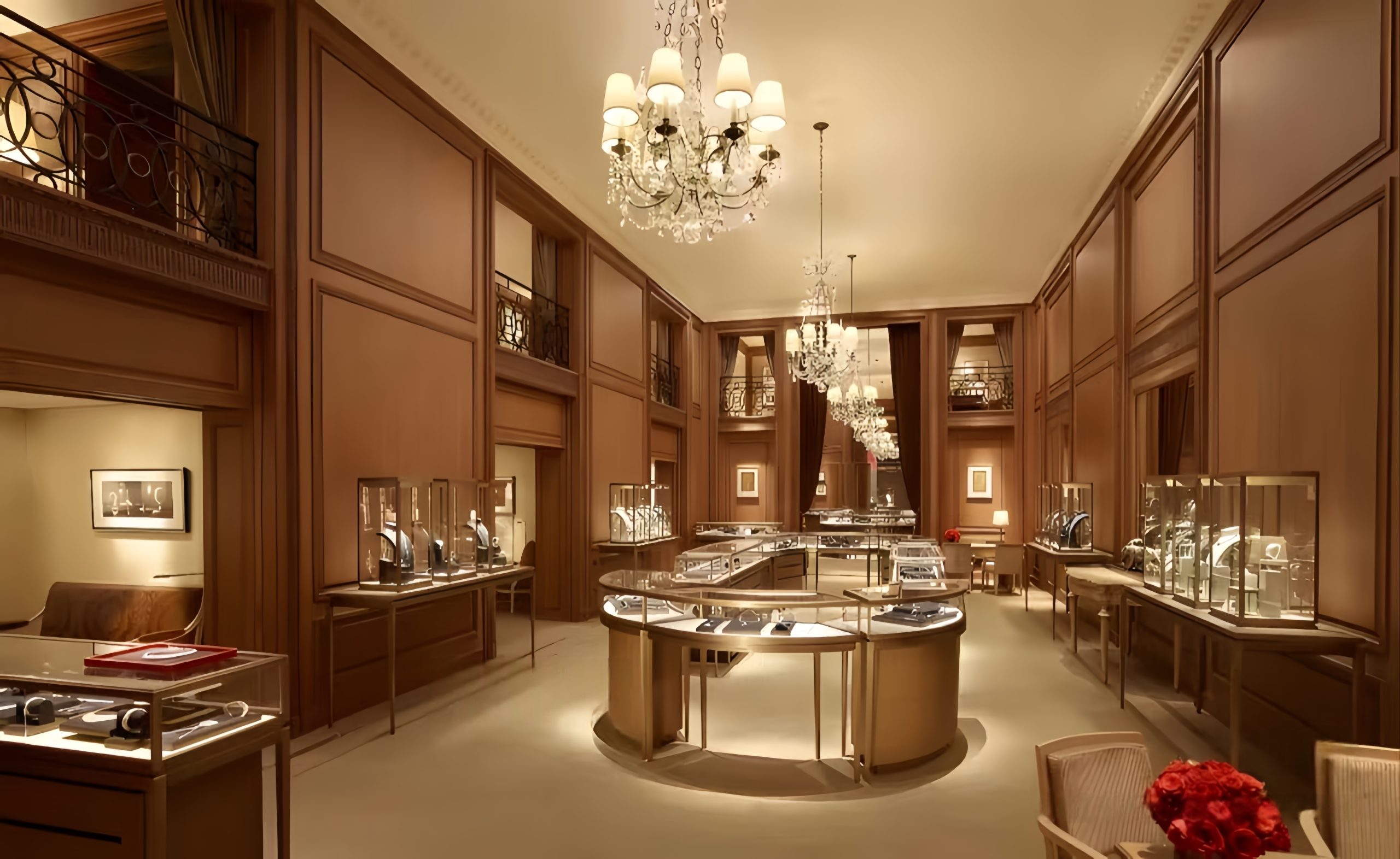 Luxury classic wooden jewelry store interior with round central display counter and wall glass showcases
