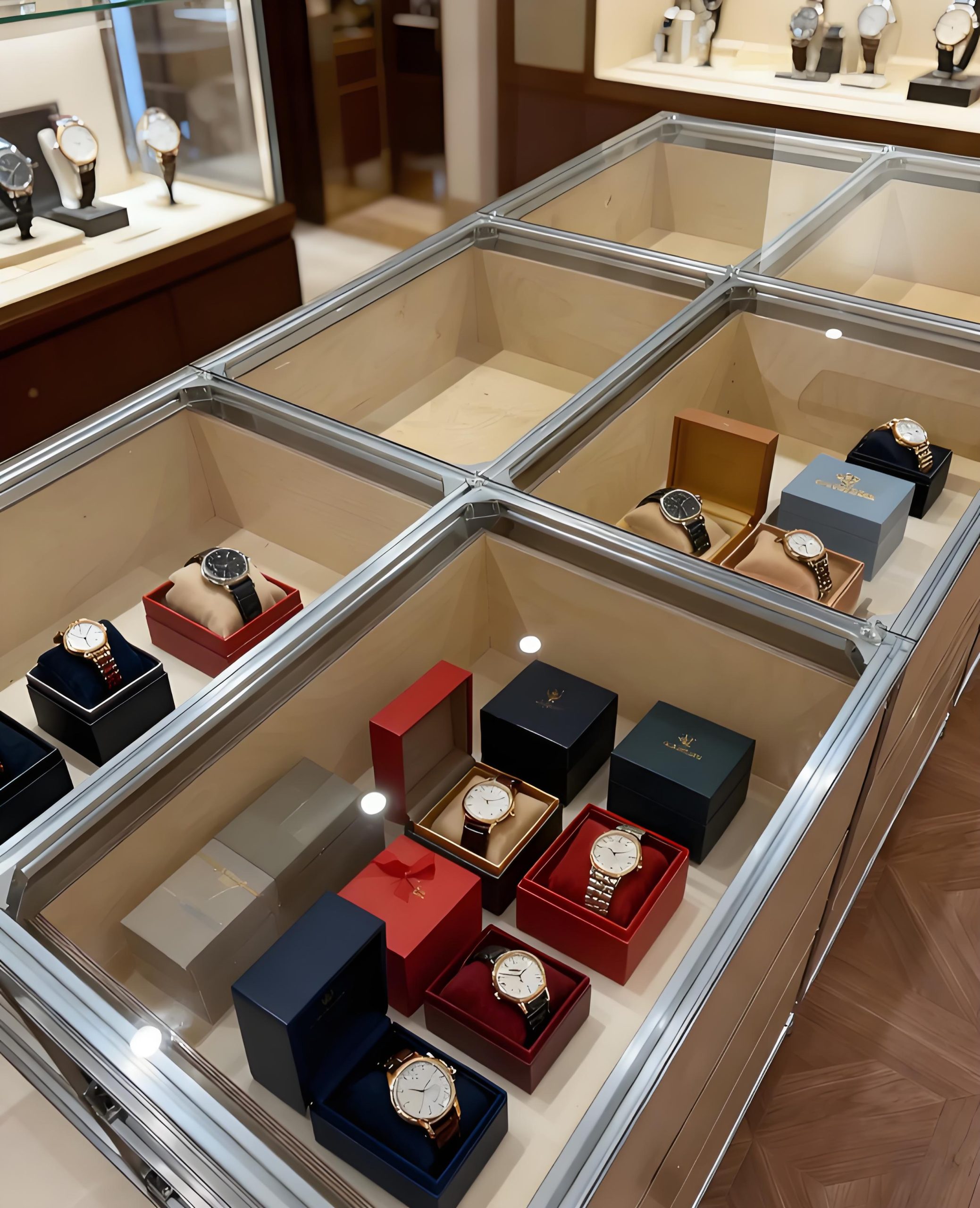 A close-up view of a watch display cabinet's deep wooden drawers, neatly organized with custom compartments holding luxury watches and accessories