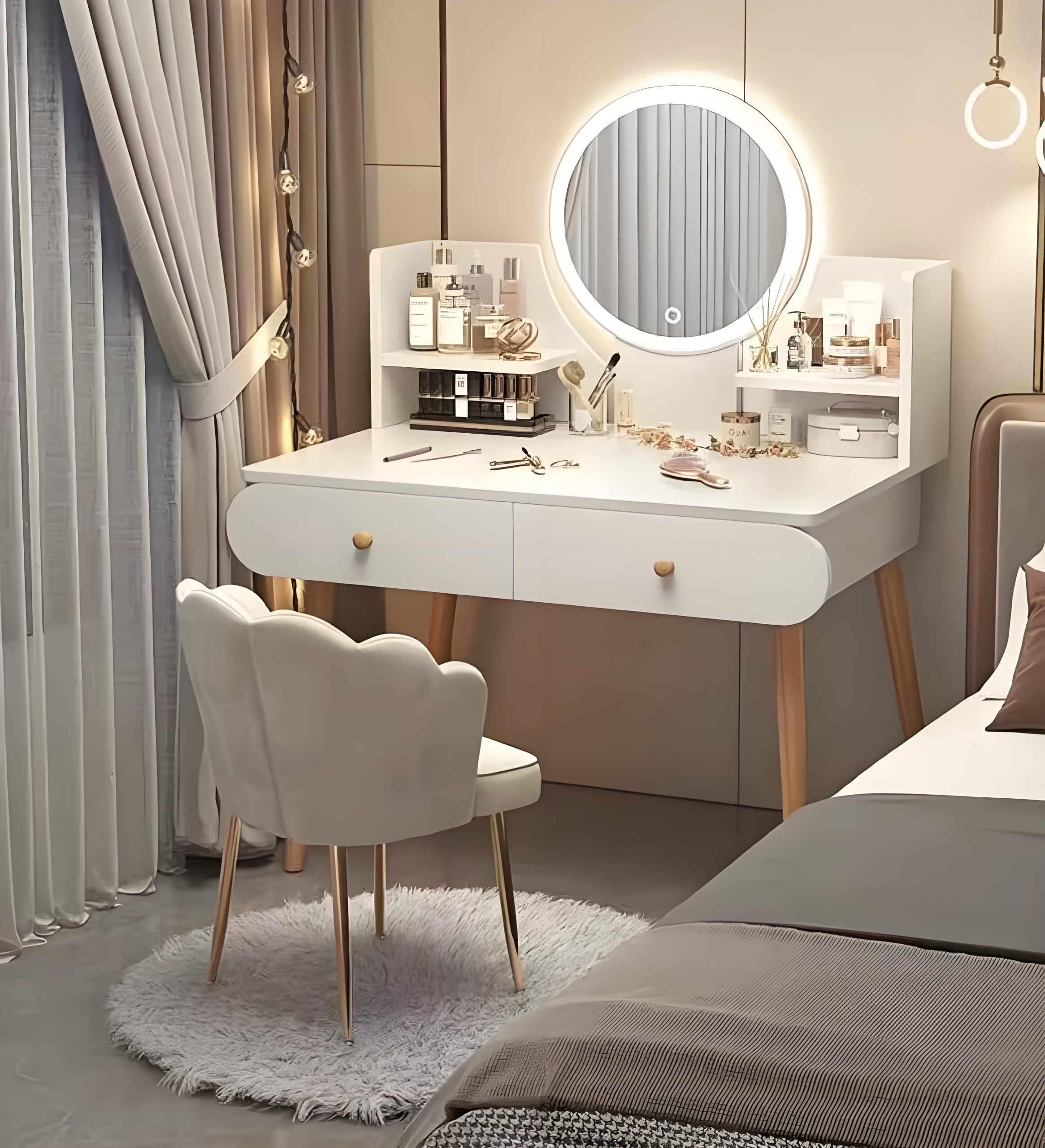 White dressing table with Hollywood LED round mirror
