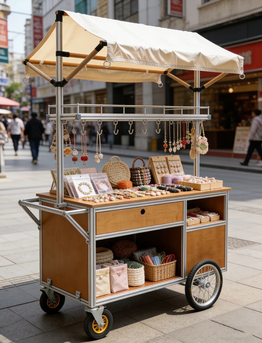 A wooden and metal outdoor food cart with a beige canopy, storage shelves, and large spoked wheels