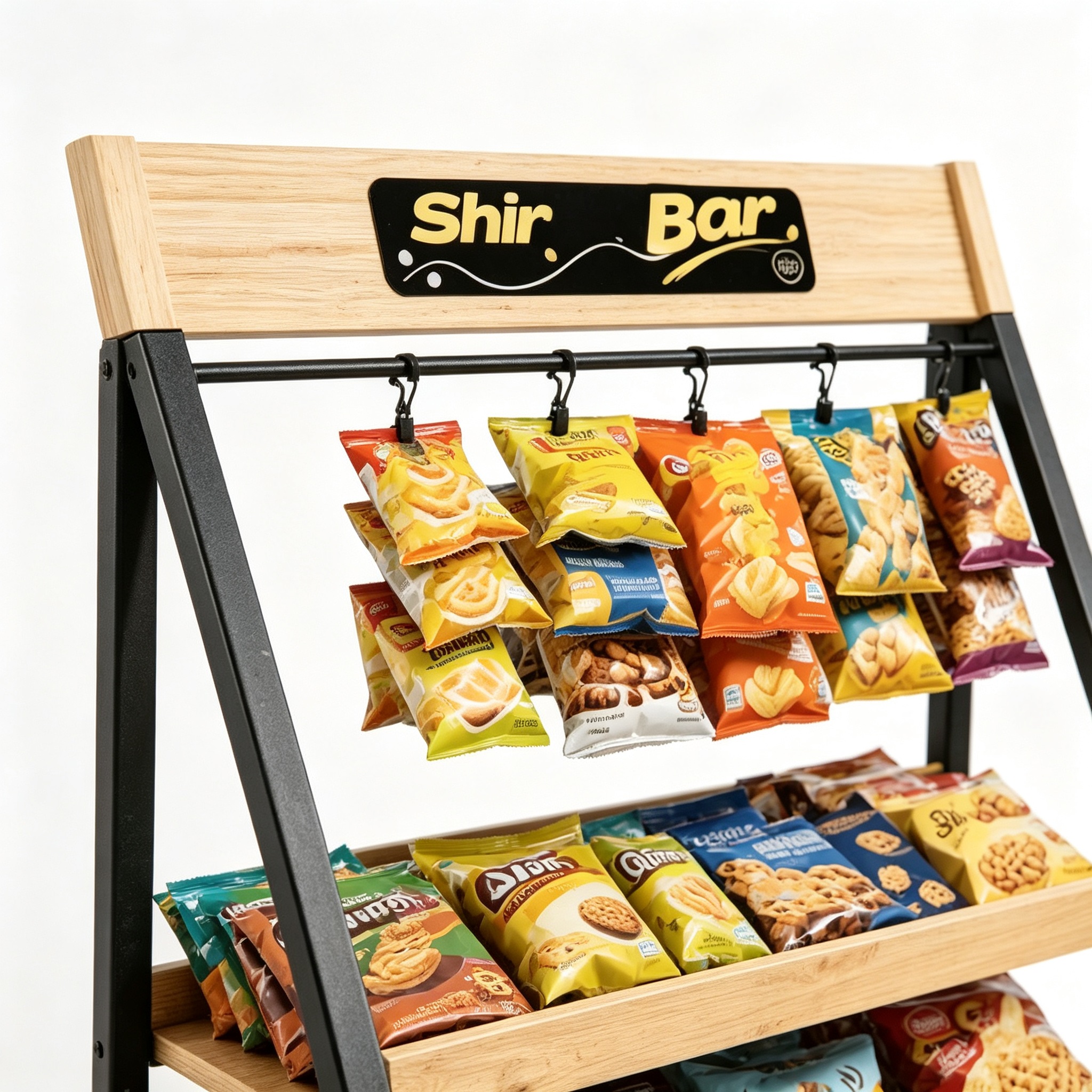 Wood Metal Hybrid A‑Frame Snack Display Rack for Grocery Retail - Image 3
