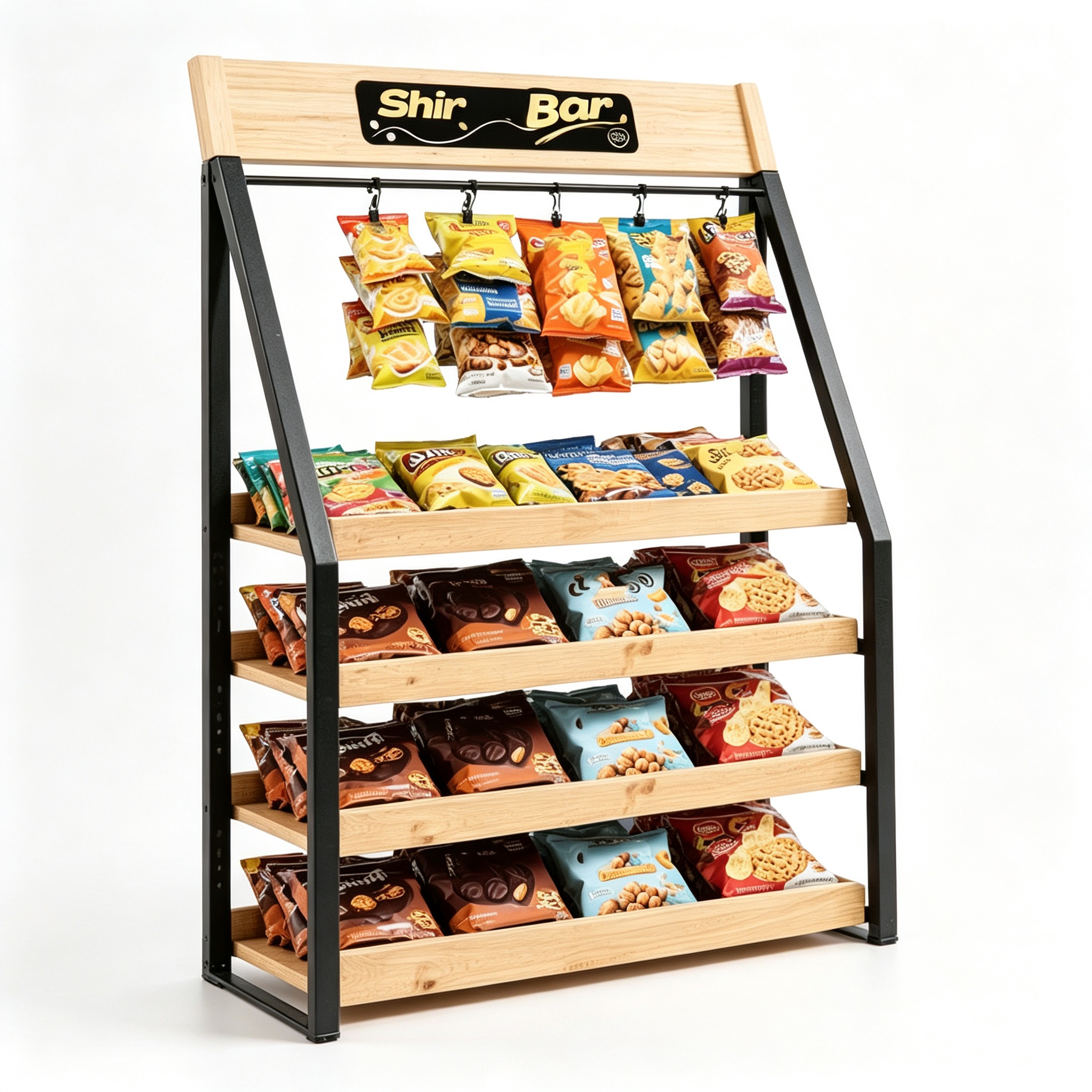Wood Metal Hybrid A‑Frame Snack Display Rack for Grocery Retail - Image 2