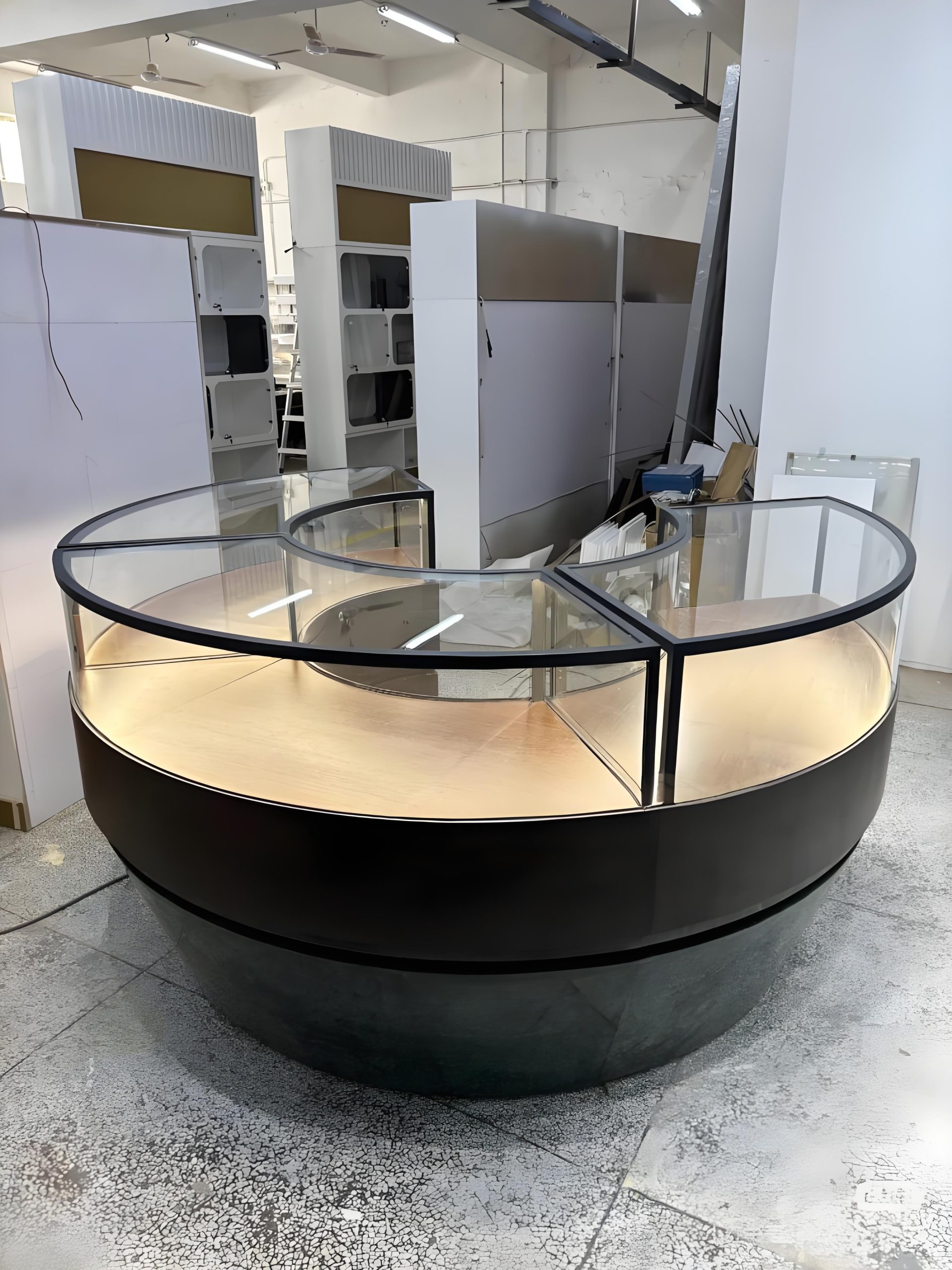 Curved Glass Display Counter Set | Arc-Shaped Showcase with Lighted Top and Wood Frame - Image 3