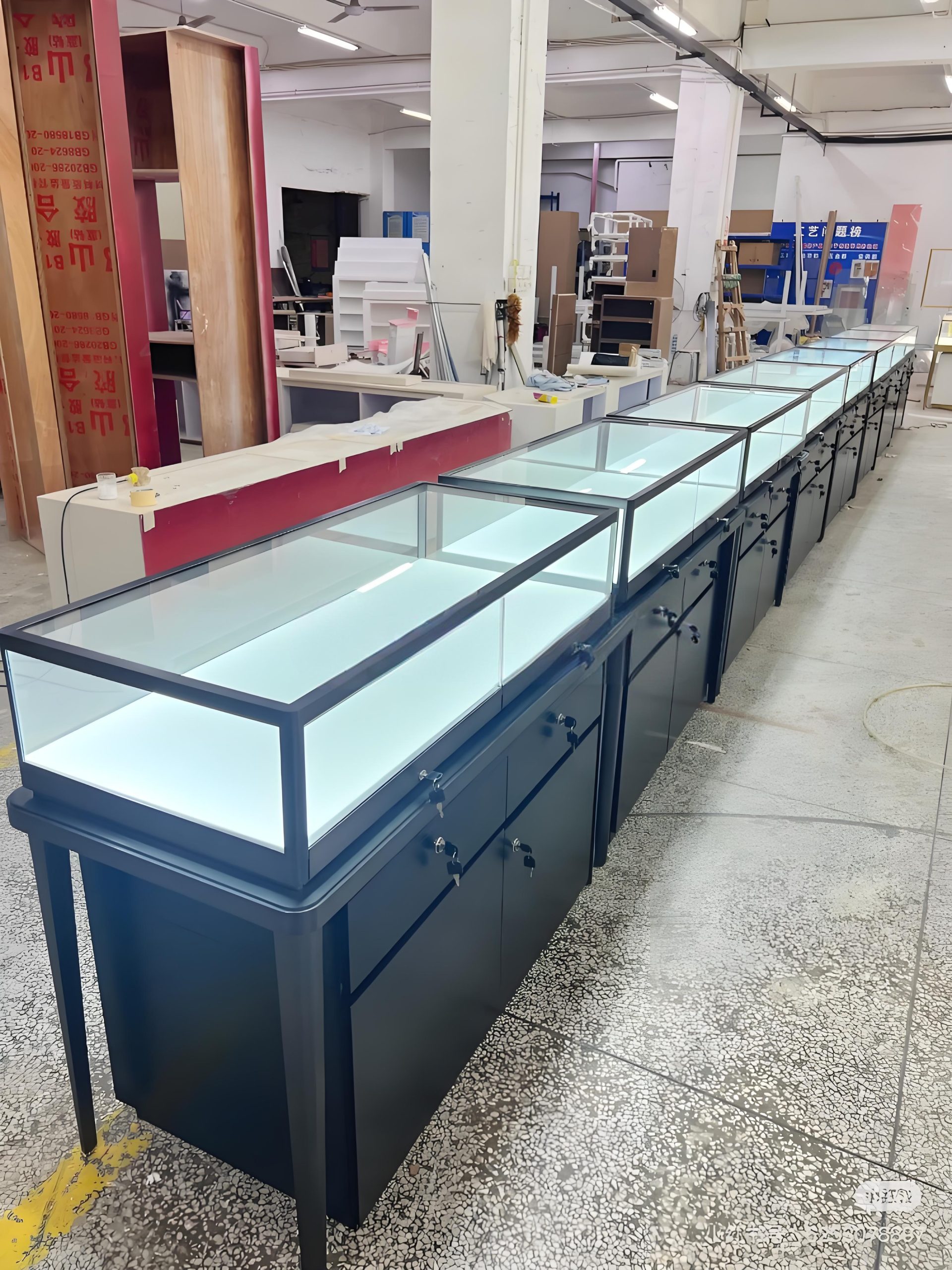 Black steel frame jewelry display counter, tempered glass top with lockable storage drawers for jewellery retail store