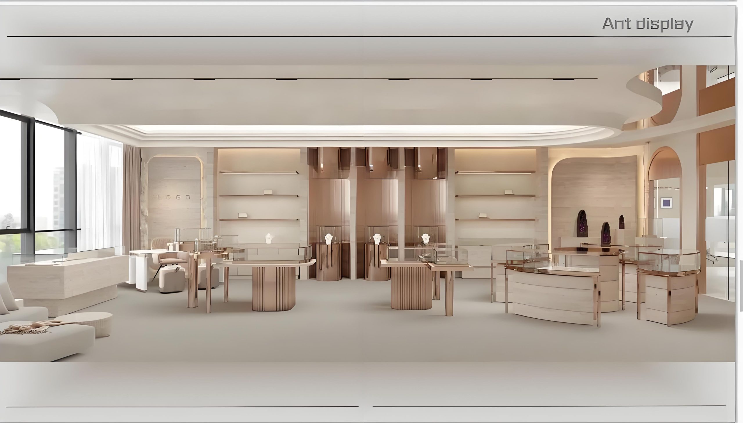 Luxury champagne gold stainless steel full set jewelry store fixtures, tower vitrine, wall mounted showcase and service counter