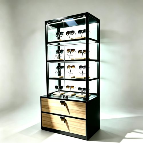 Black frame glass sunglass cabinet front three-quarter