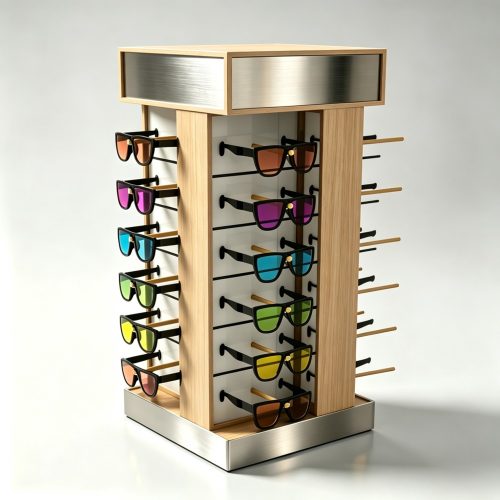 Light Wood and Brushed Steel Four-Sided Rotating Countertop Eyewear Tower side view