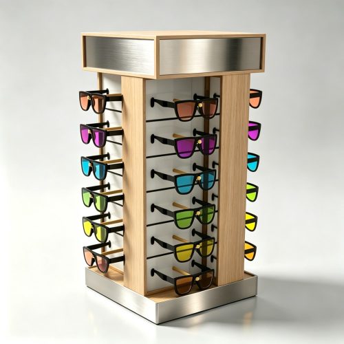Light Wood and Brushed Steel Four-Sided Rotating Countertop Eyewear Tower front three-quarter view