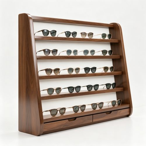 Countertop walnut sunglasses shelf front