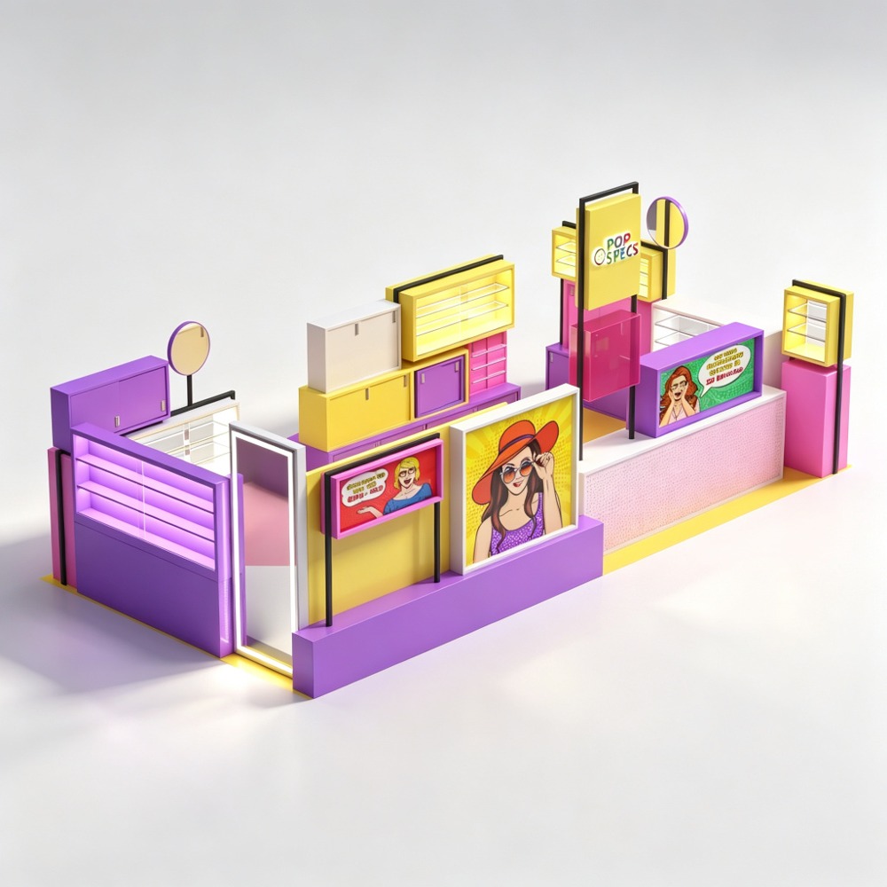 Colorful Cartoon Eyeglass Kiosk with Glass Display Cabinets and Mirror Stations - 12x15ft front facade view