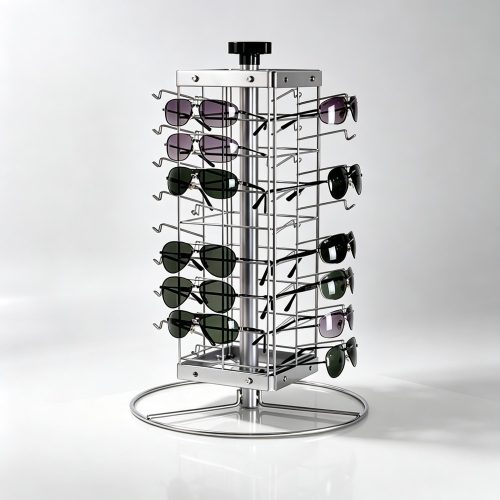 Chrome Wire Rotating Countertop Eyewear Spinner with Round Base front three-quarter view