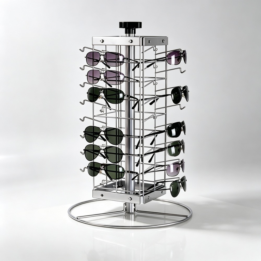 Chrome Wire Rotating Countertop Eyewear Spinner with Round Base front three-quarter view