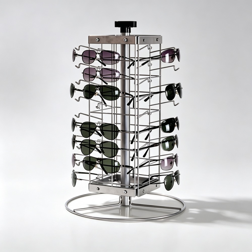 Chrome Wire Rotating Countertop Eyewear Spinner with Round Base side view