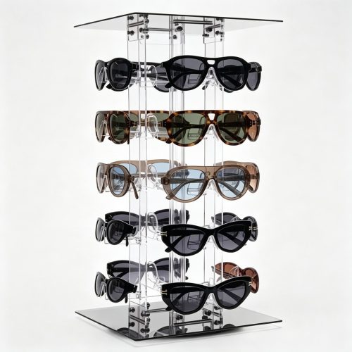 Clear Acrylic Four-Sided Rotating Countertop Eyewear Tower front three-quarter view